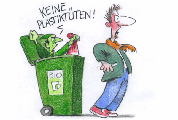 Karikatur zum Thema "Plastiktüten gehören nicht n den Biomüll"