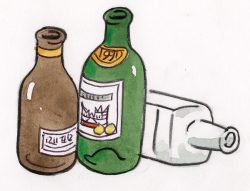 Zeichnung von Glasflaschen (Braun-, Grün- und Weißglas)
