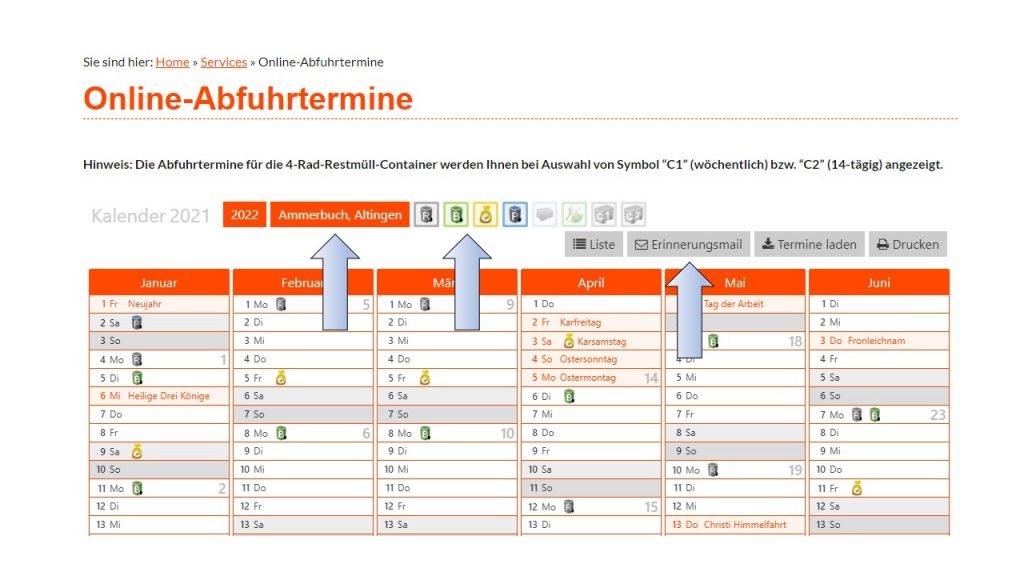 Screenshot Kalender Online-Abfuhrtermine
