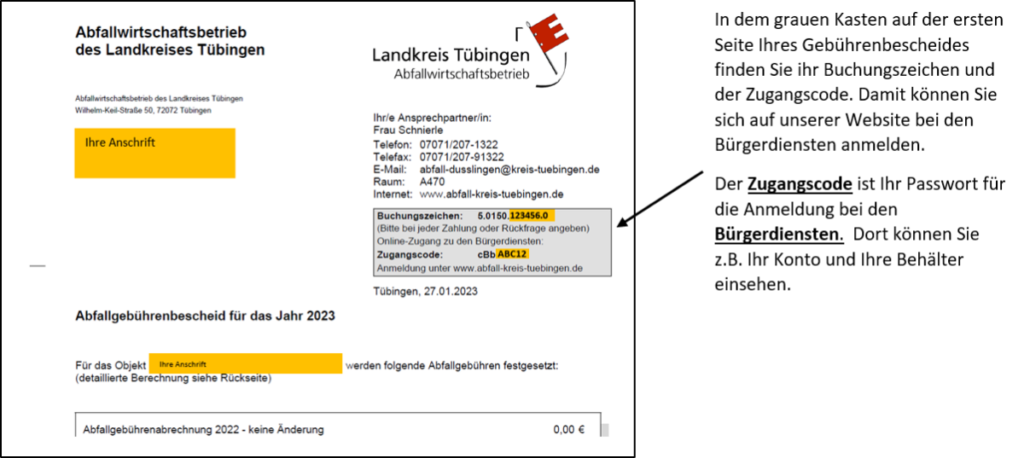Schreiben Zugangscode Bürgerdienste